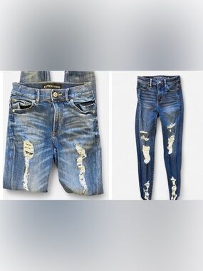 2 pairs! American Eagle and Express Women's Blue Distressed Jeans